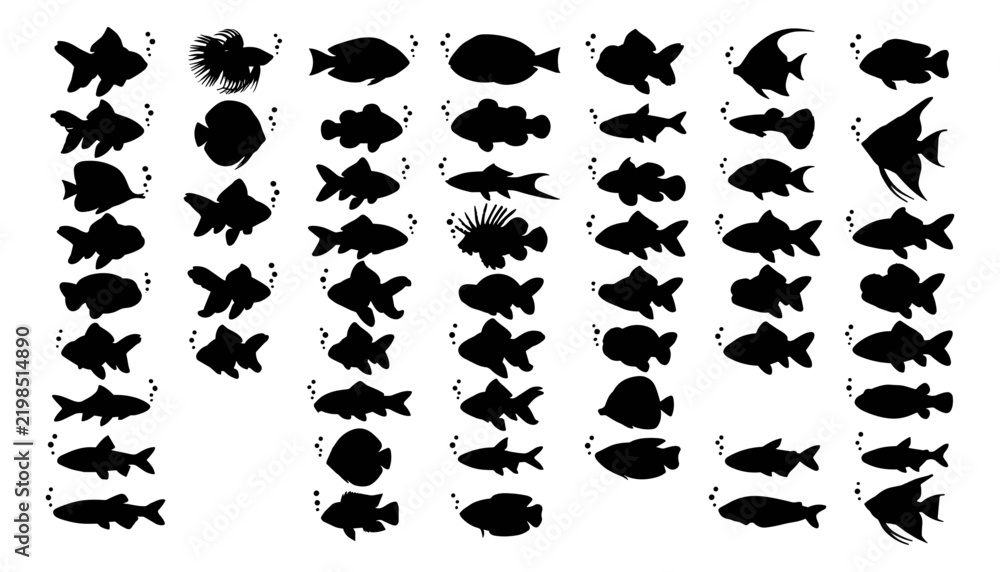 Obraz premium ropical Aquarium Fish Silhouettes Set with Bubbles Vector Collection for Underwater Graphic Designs