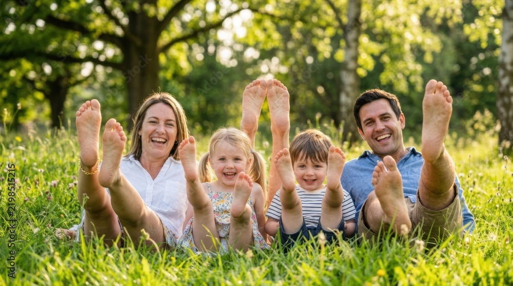 Fototapeta premium Happy family with two children sitting on grass in a sunny park lifting feet up and smiling at the camera