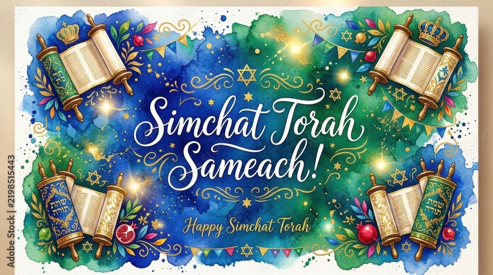 Obraz premium Simchat torah sameach greeting card with watercolor background and holy torah scrolls for jewish holiday