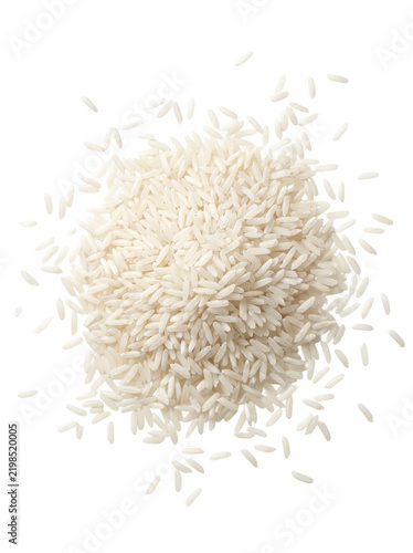 A neat pile of white uncooked long-grain rice grains is isolated on a transparent background, creating a clean studio food photography composition suitable for culinary designs, grocery packaging.