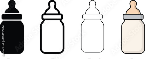 Baby feeding bottle icon set: solid black, outline, and hand-drawn style for infants and newborns.