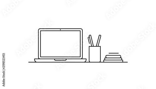 Modern minimalist office desk workspace line art illustration featuring an open laptop, a pen holder, and books.
