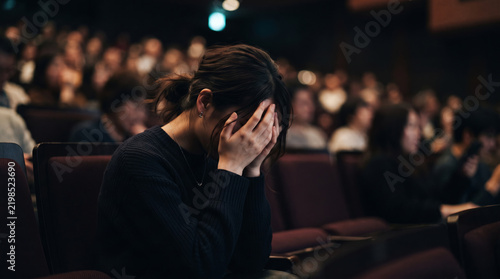 Obraz na płótnie 大勢の人が集まる会場で顔を覆いパニック発作や強い不安を感じる女性