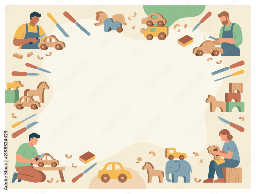 Fototapeta premium Children and toys background design with toy cars tools and crafts for packaging in playful vector style