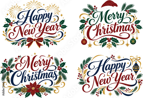 Watercolor christmas and new year calligraphy designs with floral elements and festive decorations