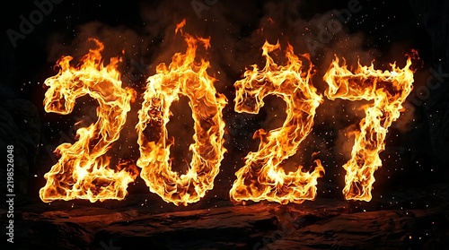 Fiery depiction of the year 2027 with intense flames and a dark background