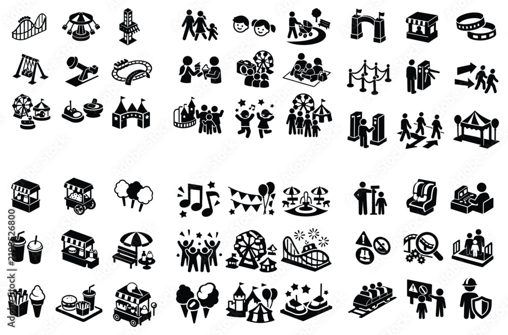 Obraz premium Amusement park and family fun vector icons with roller coaster, Ferris wheel and balloon for marketing design in solid style