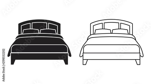 Black and white line art depicts a double bed with pillows and headboard