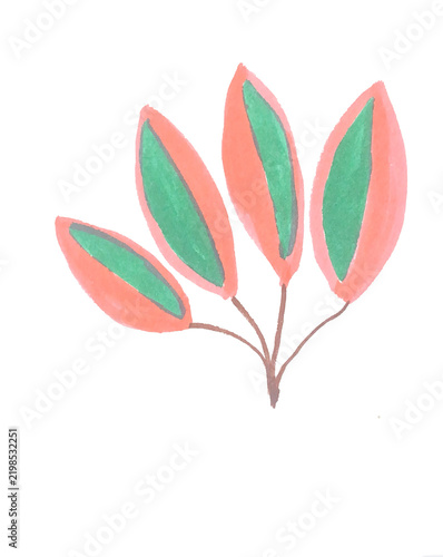 Pink and teal watercolor leaf cluster botanical illustration isolated on white