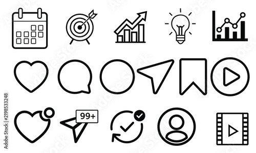 Collection of outline icons depicting business communication and general concepts on a white background vector graphic symbols pictograms growth calendar target analytics ideas bulb heart