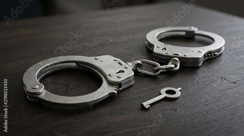 Handcuffs and Key on Wooden Table - Justice, Crime, Arrest Concept