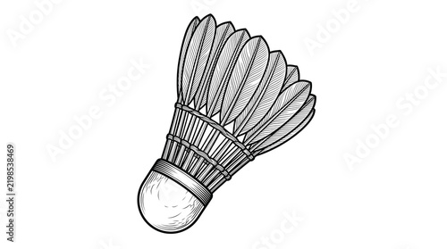 Vintage badminton shuttlecock illustration, retro hand-drawn birdy sports equipment, classic feather shuttlecock sketch on white background