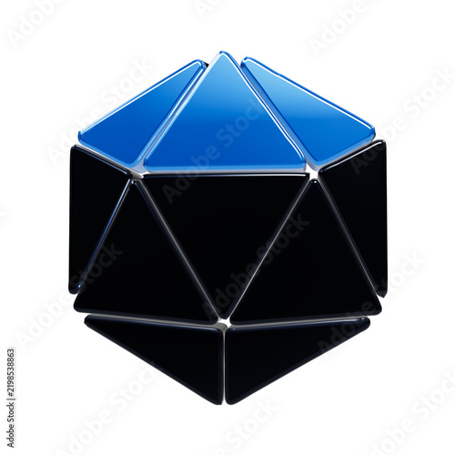 Konstfotografi A geometric icosahedron shape featuring a cluster of glossy bright blue triangul