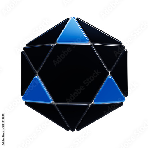 Canvastavla A geometric icosahedron shape composed of glossy black triangular facets with th