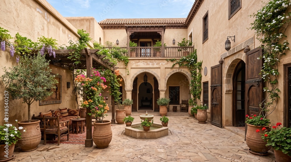 Obraz premium Traditional middle eastern courtyard featuring clay pots vibrant flowers stone fountain wooden furniture and sunlit stucco walls in rustic style