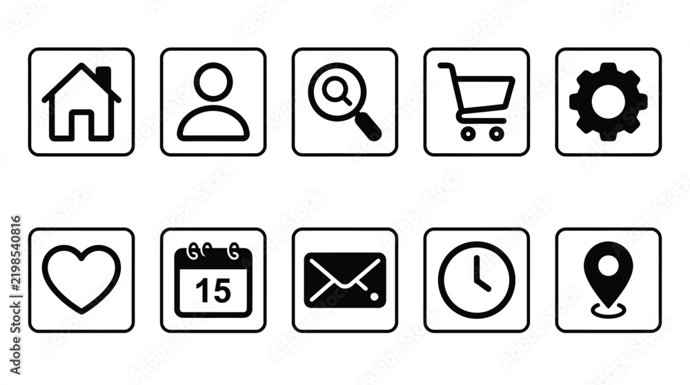 Fototapeta premium Collection of ten flat black icons on a white background