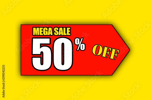 Mega Sale 50% Off Banner Template For Business. Flash Sale Up To 50 persent off sale banner, promotion flyer, retro label. 3d sale illustration.