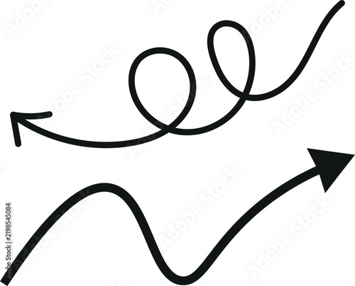 Set of black hand drawn wavy and spiraling arrows indicating direction movement or flow