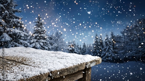 Wooden table covered in fresh snow with a beautiful winter forest background during a calm snowy night