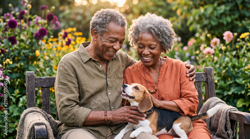 Couple enjoys time in garden with a dog on a sunny day