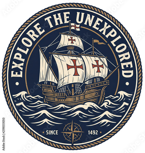 A retro Columbus Day emblem with a caravel ship and a compass rose. An isolated maritime adventure print design.