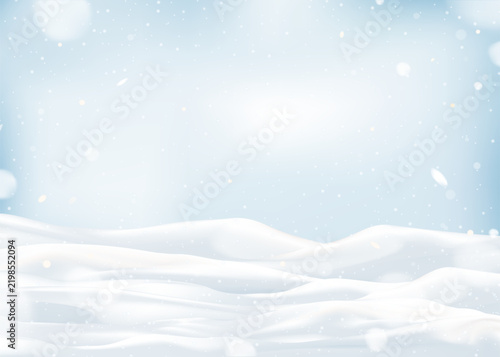 Snow winter background with white snowy hills, soft falling snow on 3d snow ground,light blue sky, Vector Christmas holiday landscape with space for New Year banner, Xmas greeting card seasonal design