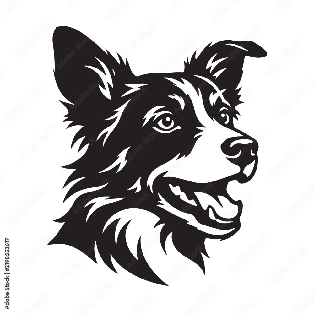 Obraz premium Excited border collie dog with open mouth smiling in black and white vector silhouette style