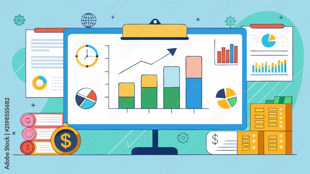 Obraz premium Business data analytics dashboard, financial growth charts and graphs on computer screen, professional marketing report vector illustration