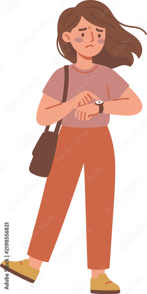 Fototapeta premium Worried Woman Checking Watch Time Anxiously Illustration