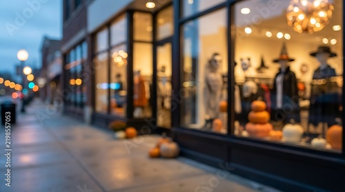 Blurred storefront window display with autumn pumpkins and Halloween hats