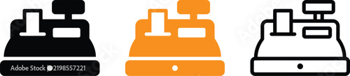Set of three cash register icons in different styles including solid black, orange, and outline versions representing retail, payment, and business transaction concepts