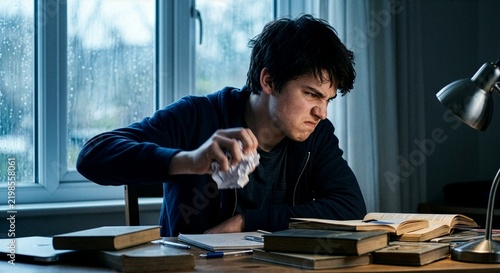 A teenager furiously crumples a sheet of paper over a stack of books. A grimace of anger and helplessness is visible on his face. A dynamic shot capturing the motion of slightly blurred hands; authent