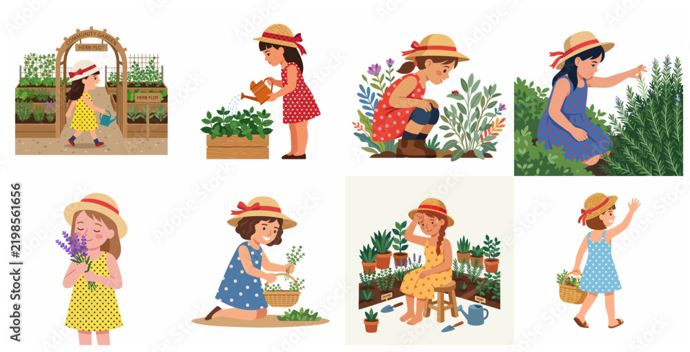 Fototapeta premium Flat Vector Illustration Set of a Little Girl in a Straw Hat Gardening, Watering, and Harvesting Herbs in a Community Garden