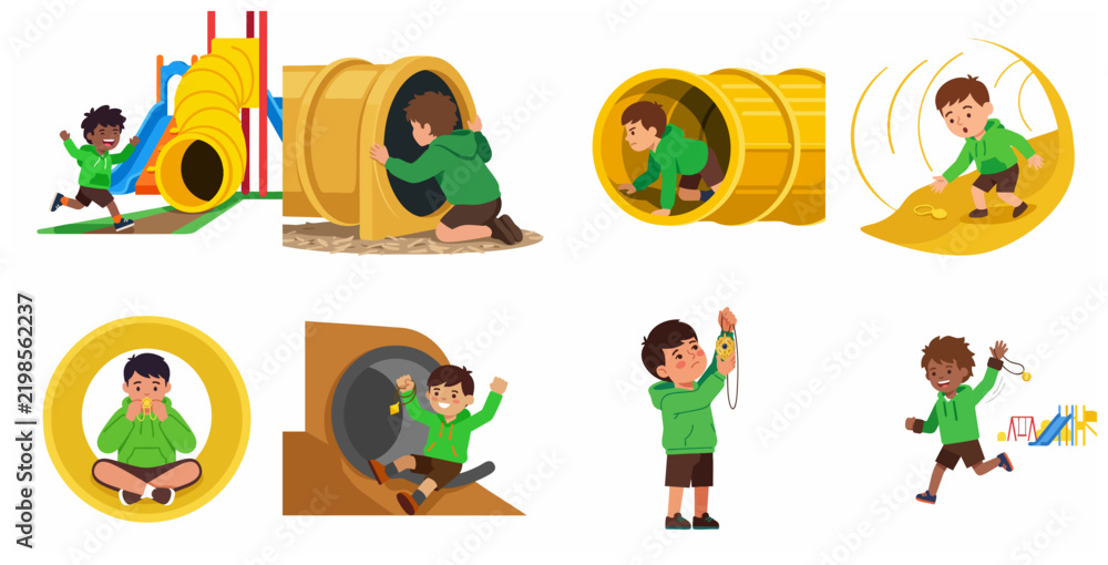 Fototapeta premium Set of cute little boys playing on playground equipment, crawling through tunnels, sliding down, and discovering a golden necklace. Cartoon vector illustrations for kids stories and education.