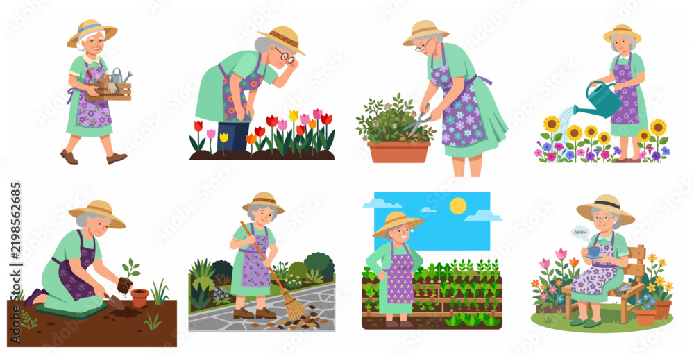 Fototapeta premium Vector illustration set of an elderly woman gardening and performing various backyard maintenance tasks