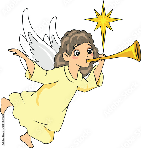 Cartoonish angel is playing the flute. Vector.eps