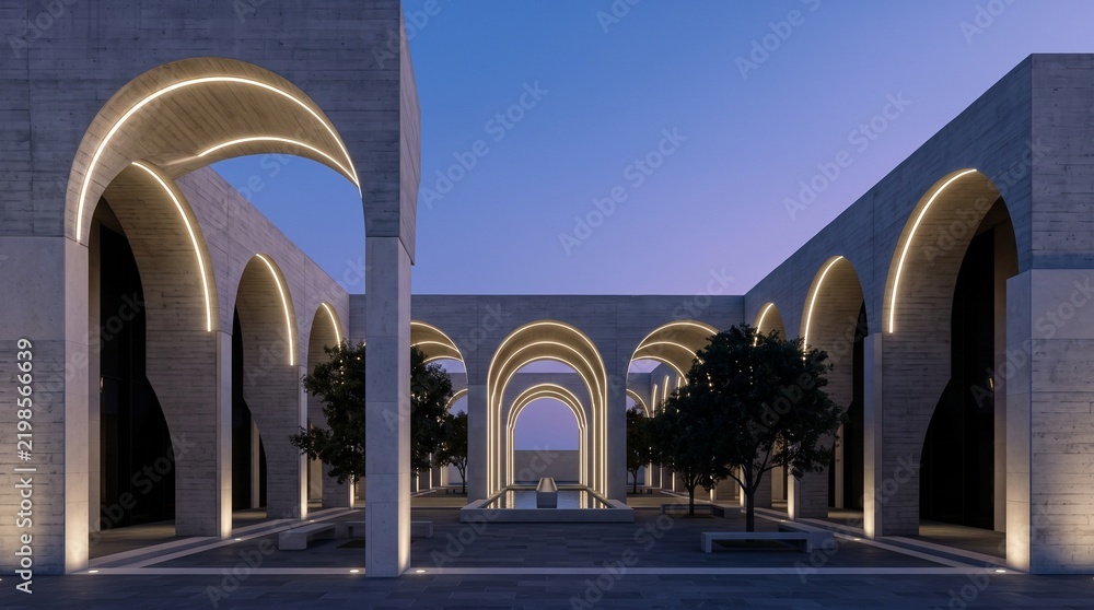 Fototapeta premium modern arched courtyard, illuminated concrete colonnade at nightfall, symmetrical public architecture, contemporary urban property development design.