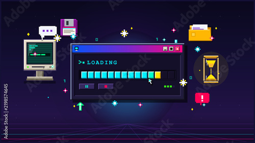 Pixel art vector illustration showing a retro computer loading interface with progress indicators and technology icons