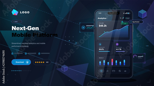 Vector illustration of a mobile analytics platform with smartphone dashboard and data visualization elements