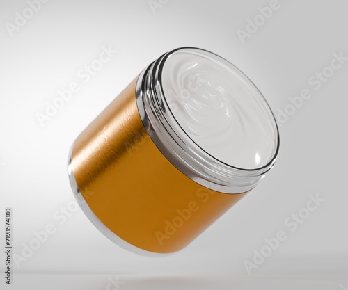 3d cosmetics jar container tub with swirled cream inside, gold label, white background