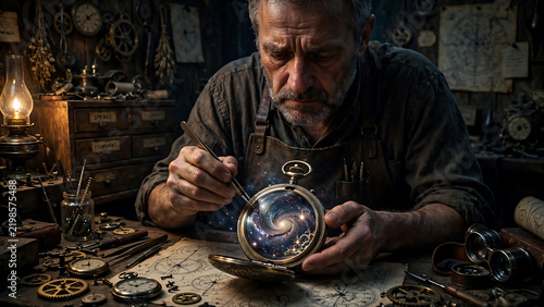 Old clockmaker repairing a celestial pocket watch in a dimly lit workshop