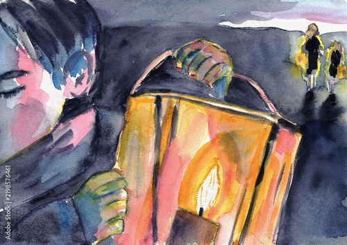 Advent Lantern Procession at Dawn, Hand-Painted Watercolor