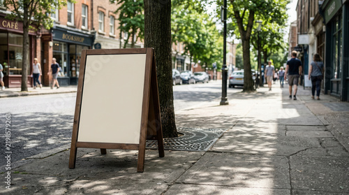 Blank Wooden Sign On City Sidewalk With Pedestrians And Shops