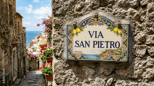 Charming Italian Street Sign In Positano Overlooking Mediterranean Sea
