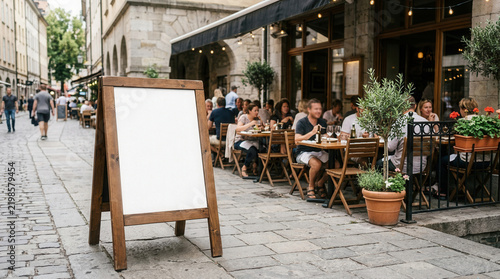 Charming European Cafe Sidewalk With Outdoor Seating And Blank Sign