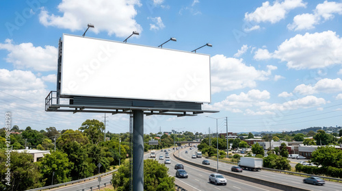 Blank Billboard Above Busy Highway Traffic In Daytime