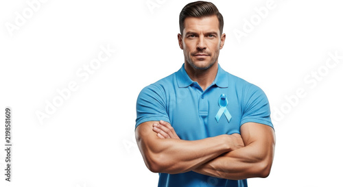 Muscular man with blue ribbon isolated on transparent background