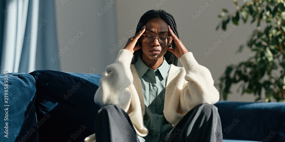 Fototapeta premium Young woman with glasses rubbing temples on sofa in soft daylight for headache relief background and mental health awareness