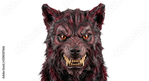 Fotografie Fierce werewolf mask with detailed fur texture and glowing orange eyes on white