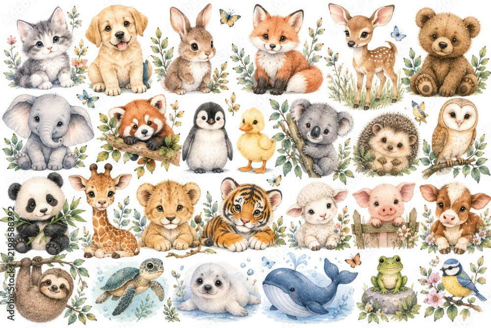 Fototapeta premium Cute Baby Animals Watercolor Clipart Set With Woodland Safari and Farm Animals